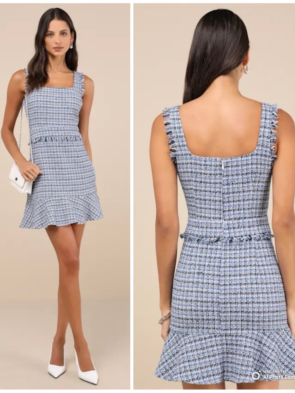 Lulus Large Adorably Luxurious Blue Tweed Raw Edge Sleeveless Mini Dress NWT